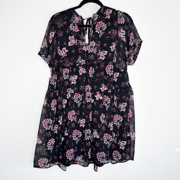 Patrons of Peace Adele Tie Back Paisley Floral Short Sleeve Babydoll Mini Dress - Picture 2 of 14